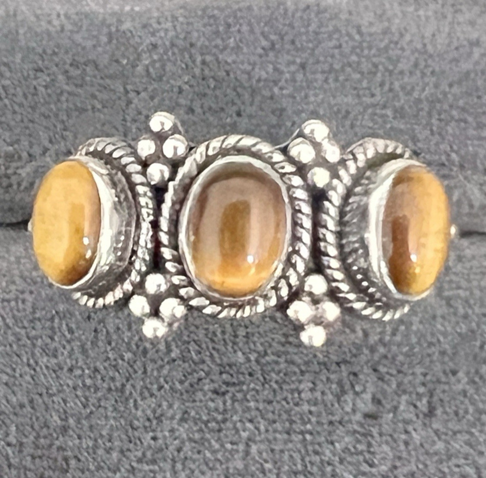 Doug Paulus DP India Sterling Silver Triple Oval Tigers Eye Ring Size 11 Vintage